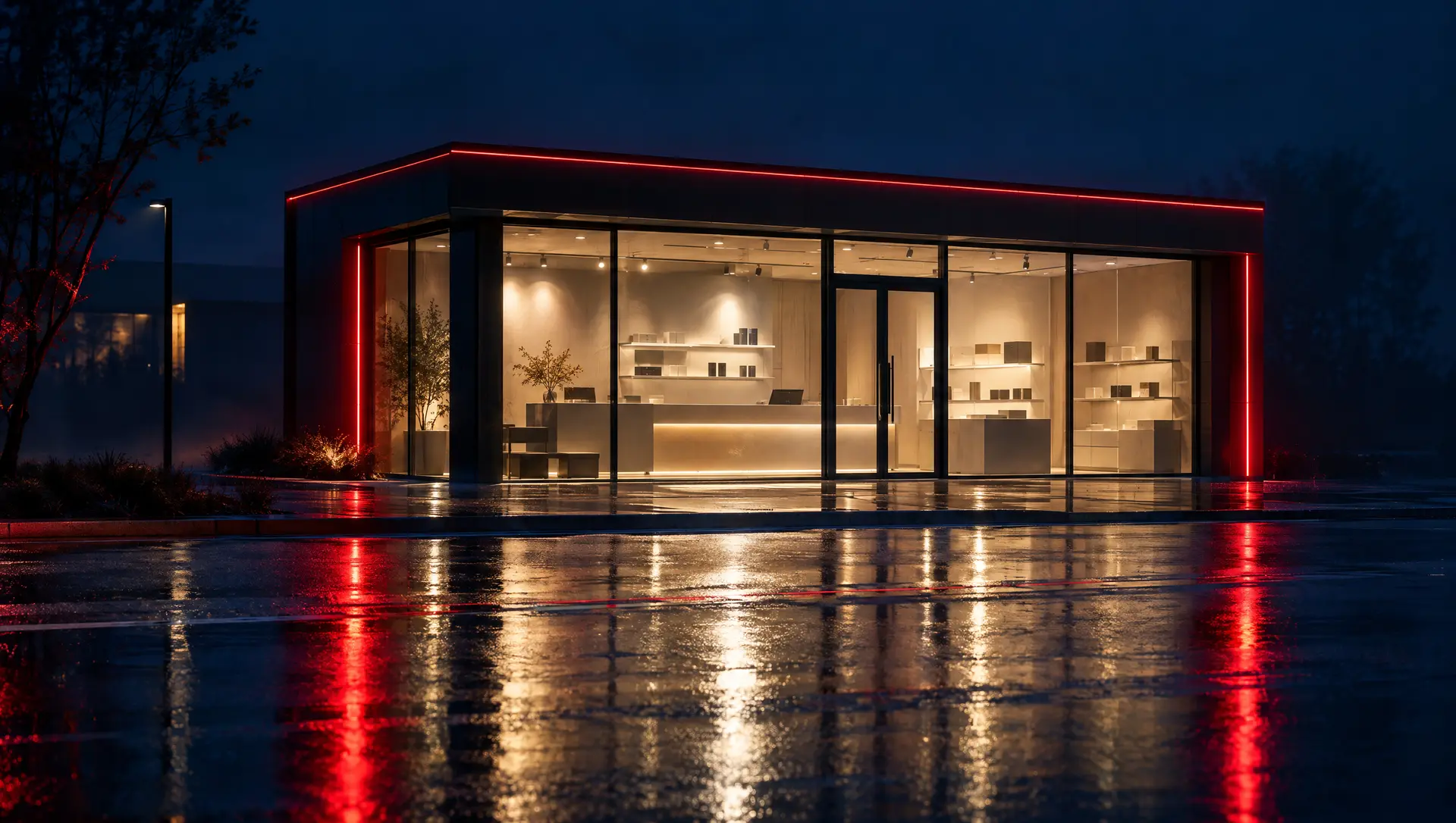 Un local comercial de noche con la vitrina iluminada y líneas de luz roja en la fachada, reflejado en la calle mojada